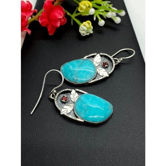 SILVER TURQUOISE RUBY LEAF WESTERN BOHO DANGLE EARRINGS - Picture 3 of 5